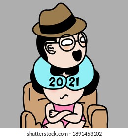 Boy Having Fun Closing Eyes Of His Grumpy Girlfriend With Arm Long Sleeve T-Shirt That Having Number 2021 On It. Happy New Year Concept Card Character illustration