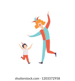 Boy having fun with clown, kid celebrating birthday vector Illustration on a white background