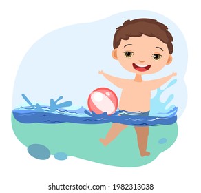 Boy is having fun. Waves of water river, sea or ocean. Swimming, diving and water sports. Pool. Isolated on white background. Illustration in cartoon style. Flat design. Vector art