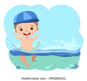 Boy is having fun. Waves of water river, sea or ocean. Swimming, diving and water sports. Pool. Isolated on white background. Illustration in cartoon style. Flat design. Vector art