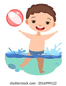 El chico se está divirtiendo. Olas de río, mar o océano. Natación, submarinismo y deportes náuticos. Piscina. Aislado sobre fondo blanco. Ilustración al estilo de las caricaturas. Diseño plano. Arte vectorial