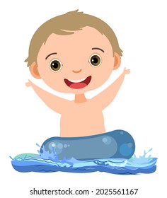 Boy is having fun. Waves of water river, sea or ocean. Swimming, diving and water sports. Pool. Isolated on white background. Illustration in cartoon style. Flat design. Vector art