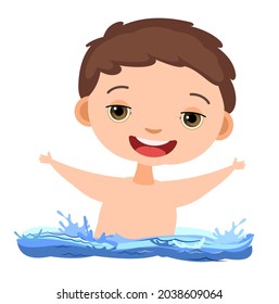 Boy is having fun. Waves of water river, sea or ocean. Swimming, diving and water sports. Pool. Isolated on white background. Isolated illustration in cartoon style. Flat design. Vector art.