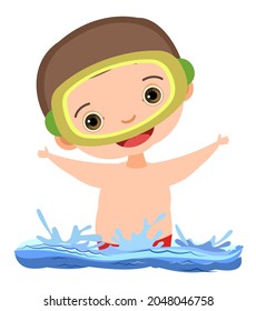 Boy is having fun. Waves of water river, sea or ocean. Swimming, diving and water sports. Pool. Isolated on white background. Isolated illustration in cartoon style. Flat design. Vector art.