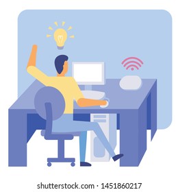 Boy having idea sitting at desk working on computer. Man creating idea, discovery or solution. Freelancer, programmer or web designer at work. Electric lightbulb over head. Cartoon vector illustration