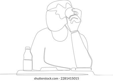 A boy having lunch with fruit and a glass of milk. Lunch at school one line drawing