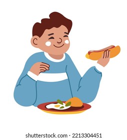 Boy having lunch at home of school. kid eating hot dog bun with sausage and omelet with green herbs and piece of bread. Nutritious breakfast or dinner. Isolated personage, vector in flat style