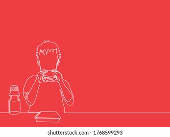 boy having a lunch in one line vector illustration
