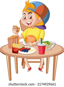 A boy having meal at the table illustration