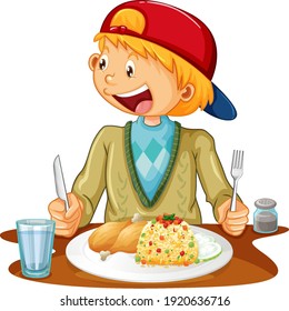 A boy having meal at the table on white background illustration
