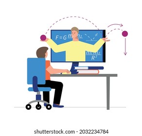 Boy having online mathematics lesson on his computer flat vector illustration