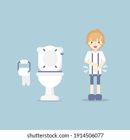 boy having stomach ache, needing to urinate, holding his poo, suffering from diarrhea or constipation, health care concept, sanitation concept, flat character design vector illustration