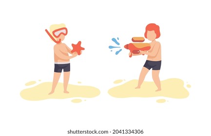 Niño que tiene vacaciones en el mar jugando con el pistol de agua y de pie con el conjunto de vectores de máscara de buceo