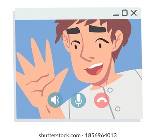 Boy Having Video Call, Guy Waving his Hand from Computer Screen, People Chatting Online, Working from Home, Social Distancing Concept Vector Illustration