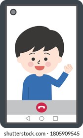 Niño haciendo videollamada en un smartphone. Ilustración vectorial aislada en fondo blanco.