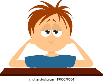 Niño con dolor de cabeza, ilustración, vector sobre fondo blanco.