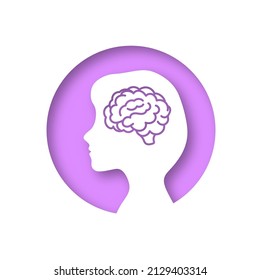 Boy head brain sign icon. Conceptual illustration of migraine in people. Silhouette of a child. Vector clipart illustration. Paper cut