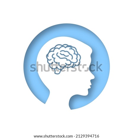Boy head brain sign icon. Conceptual illustration of migraine in people. Silhouette of a child. Vector clipart illustration. Paper cut