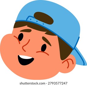 Boy head with cap tilted back, wide grin, and expressive eyebrows in bold cartoon style. Joy, youth, friendliness, and optimism for kids content and brand mascot. Cartoon vector illustration.