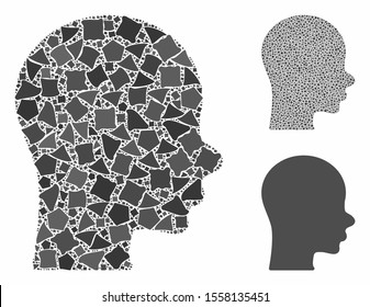 Boy head composition of ragged parts in various sizes and color tinges, based on boy head icon. Vector ragged elements are united into collage. Boy head icons collage with dotted pattern.