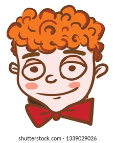 A boy with head of curly hair is wearing a red neck bow tie vector color drawing or illustration 