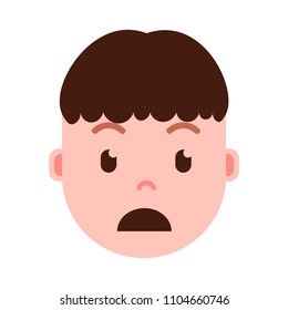 boy head emoji with facial emotions, avatar character, man grieved face with different male emotions concept. flat design.