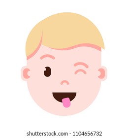 boy head emoji personage icon with facial emotions, avatar character, man show tongue face with different male emotions concept. flat design.