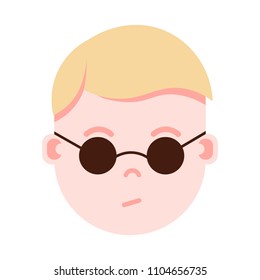 boy head emoji personage icon with facial emotions, avatar character, man in glasses face with different male emotions concept. flat design.