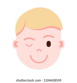boy head emoji personage icon with facial emotions, avatar character, man wink face with different male emotions concept. flat design.