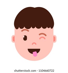 boy head emoji personage icon with facial emotions, avatar character, man show tongue face with different male emotions concept. flat design.