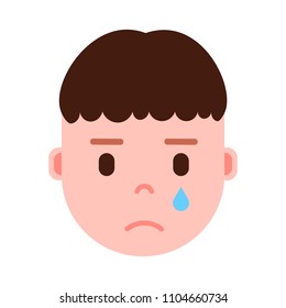 boy head emoji personage icon with facial emotions, avatar character, man crying face with different male emotions concept. flat design.