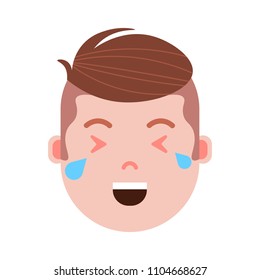 boy head emoji personage icon with facial emotions, avatar character, man happy crying face with different male emotions concept. flat design.