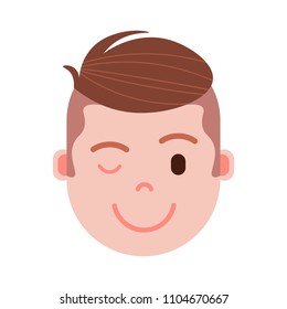 boy head emoji personage icon with facial emotions, avatar character, man wink face with different male emotions concept. flat design.