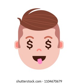 boy head emoji personage icon with facial emotions, avatar character, man dollar face with different male emotions concept. flat design.