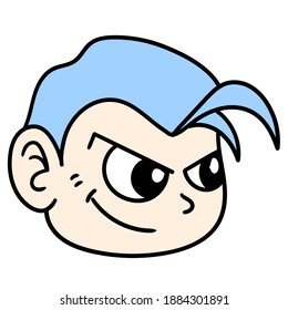 boy head emoticon with suspicious facial expression, doodle icon image. cartoon caharacter cute doodle draw