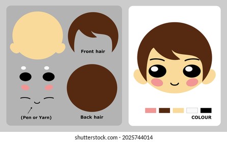 Boy head pattern for kids crafts or paper crafts. Vector illustration of boy head puzzle. cut and glue patterns for children's crafts.