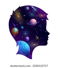 Boy head silhouette and cartoon galaxy space. Double exposition. Vector male kid face profile with mesmerizing beauty of cosmos, enchanting stars, planets, nebulae and comets within of his mind