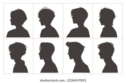 silueta de cabeza de niño vector vista lateral, silueta de corte de pelo de tipo coreano, peinado coreano. siluetas personas, siluetas hombres.