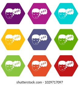 Boy head with speech bubble icon set many color hexahedron isolated on white vector illustration