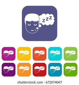 Boy head with speech bubble icons set vector illustration in flat style In colors red, blue, green and other
