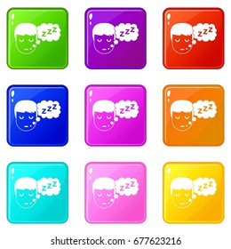 Boy head with speech bubble icons of 9 color set isolated vector illustration