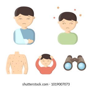 A boy with a headache, with stars, a man with a broken hand in a cast, a sick man grabbed his head with his hands, a man's torso with ulcers and a rash. Sick set collection icons in cartoon style