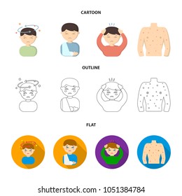 A boy with a headache, with stars, a man with a broken hand in a cast, a sick man grabbed his head with his hands, a man torso with ulcers and a rash. Sick set collection icons in cartoon,outline,flat