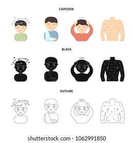 A boy with a headache, with stars, a man with a broken hand in a cast, a sick man grabbed his head with his hands, a man torso with ulcers and a rash. Sick set collection icons in cartoon,black