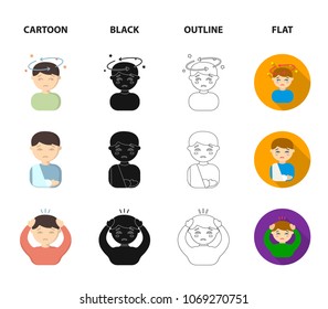 A boy with a headache, with stars, a man with a broken hand in a cast, a sick man grabbed his head with his hands, a man torso with ulcers and a rash. Sick set collection icons in cartoon,black