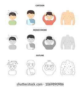 A boy with a headache, with stars, a man with a broken hand in a cast, a sick man grabbed his head with his hands, a man torso with ulcers and a rash. Sick set collection icons in cartoon,outline