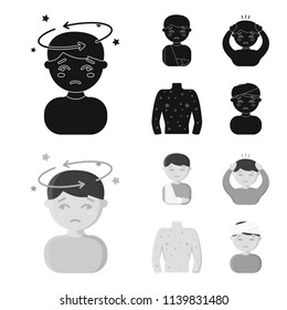 A boy with a headache, with stars, a man with a broken hand in a cast, a sick man grabbed his head with his hands, a man torso with ulcers and a rash. Sick set collection icons in black,monochrom