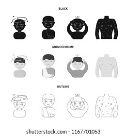 A boy with a headache, with stars, a man with a broken hand in a cast, a sick man grabbed his head with his hands, a man s torso with ulcers and a rash. Sick set collection icons in black,monochrome