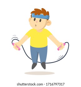Boy in headband jumping over skipping rope, cartoon character. Colorful flat vector illustration, isolated on white background.