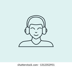 Boy in headphone icon line isolated on clean background. Boy in headphone icon concept drawing icon line in modern style. Vector illustration for your web mobile logo app UI design.